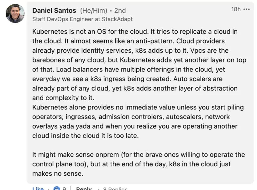 comment on linkedin about kubernetes